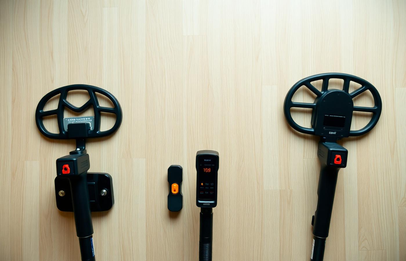 Three different metal detectors side by side on a light wooden background