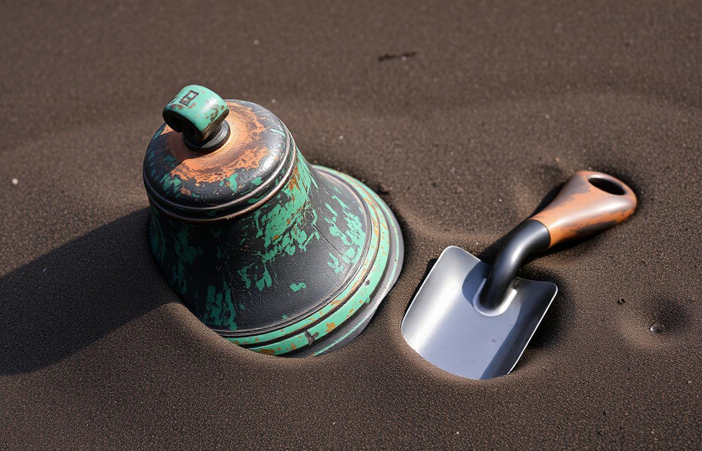 An old metal object with a greenish patina next to a small trowel on wet mud